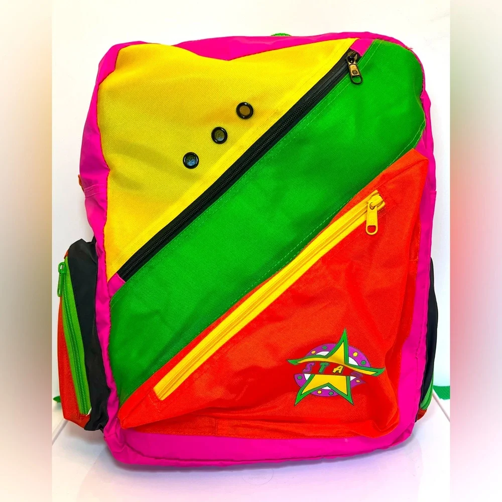 Vintage Bright & Colorful Neon Large Backpack with Star Design. New without Tags